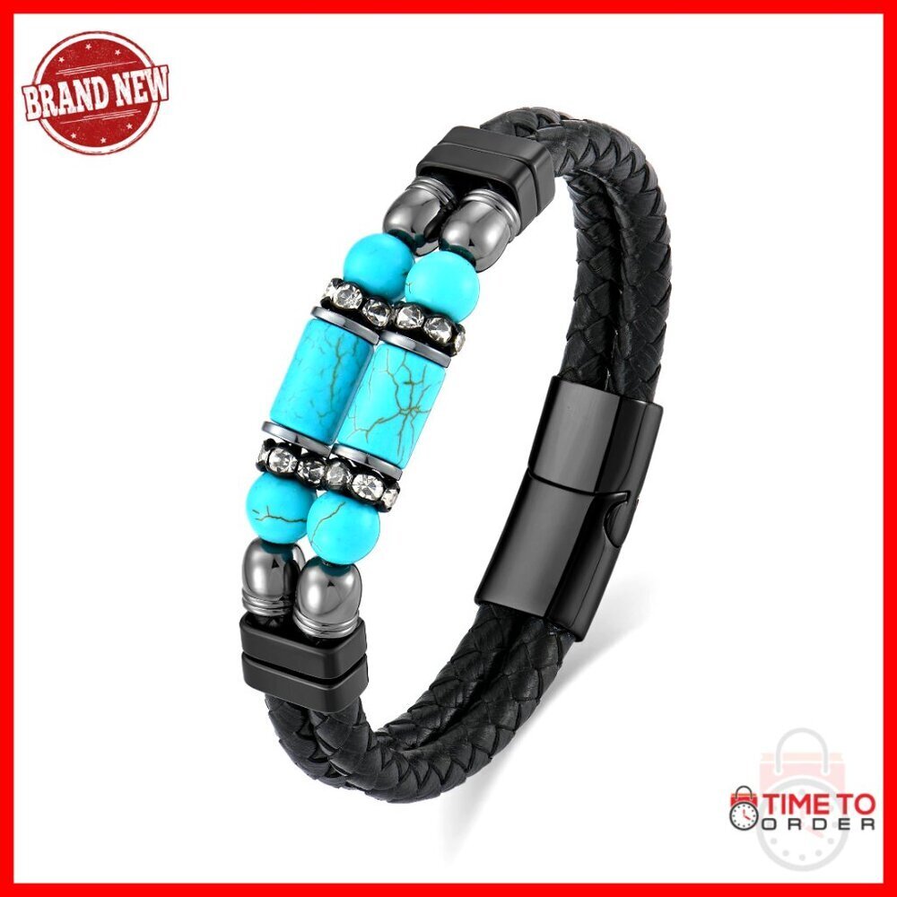 Men's Leather Bracelet with Turquoise Beads, Buckle Closure, 21cm